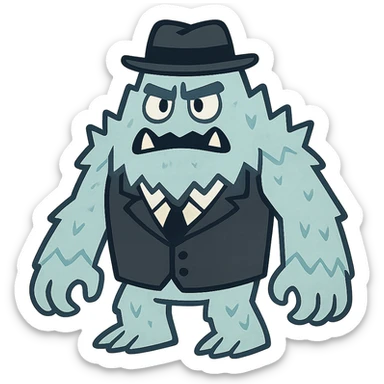 flat toon style ice monster with a black and white suit and hat sticker