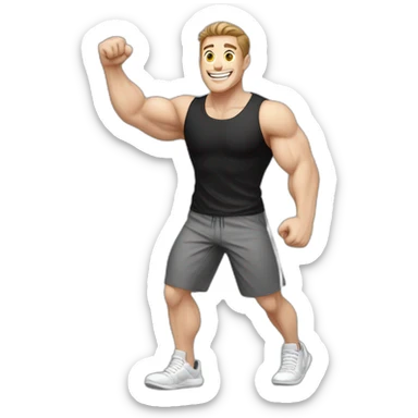Joyful Celebrating victory Pale skinned Fit Man With the biceps and dark brown hair in black shirt, gray sports shorts and white Sneakers sticker