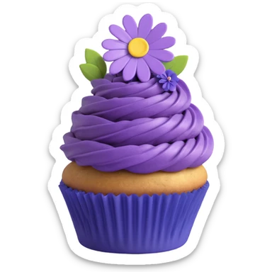 A 3D iOS-style blueberry cupcake with a purple frosting swirl, a single blueberry on top, and a small flower decoration, based on the reference image. The cupcake should have a purple wrapper and a golden-brown base, with a light shadow underneath. sticker