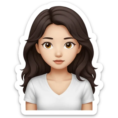 iOS style emoji. girl with very long dark brown wavy hair. And the eyes color is dark brown. And she is wearing white t shirt with V kneck. And she is 30. She is Asian with double eyelids  sticker