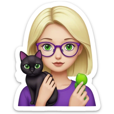 blonde girl wearing purple with green eyes and glasses  holding a black cat  sticker