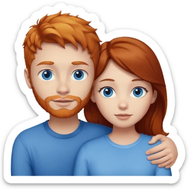 Ginger boy without beard hugging brunette girl. Both have blue eyes.  sticker