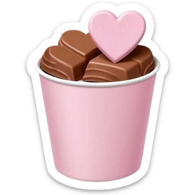 Two glossy square milk chocolate pralines placed diagonally, each in a white ridged paper cup, topped with a soft pastel pink heart icing with subtle sugar sparkle.
Cute minimal emoji-style, realistic and polished, clean studio lighting, pure white background, smooth 3D render, high resolution. sticker