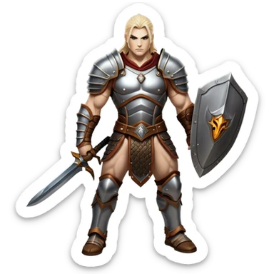 Cinematic Realistic WoW Human Warrior Portrait, captured in a dynamic, battle-ready stance, muscles defined beneath intricately detailed steel armor accented with rich leather. His chiseled visage and determined gaze are rendered with lifelike texture and dynamic natural lighting, high shine, evoking the fierce, relentless spirit of a human warrior in the midst of combat. sticker