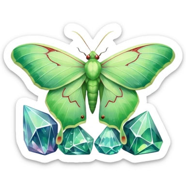 luna moth sitting on crystals sticker
