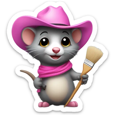 Cute possum wearing a pink cowboy hat, holding a paintbrush  sticker