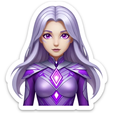 of a woman with fair skin, long silver hair, and glowing purple eyes. She wears a sleek, metallic purple and silver costume with geometric patterns and glowing accents. Her body shimmers with energy sticker