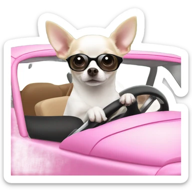Black and white Chihuahua driving pink Fiat sticker