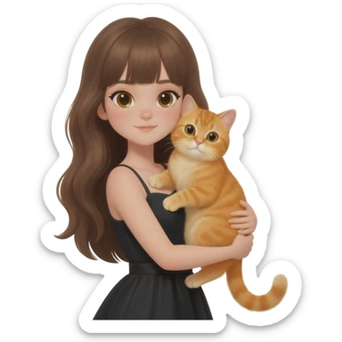 british Baby cat orange with girl long brown hair And black dress and bang hair sticker