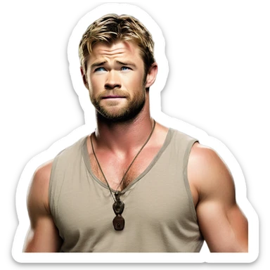 Chris Hemsworth shirtless, showing off his rugged chest and natural underarm charm sticker