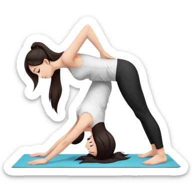 Девушка белокожая в позе собака мордой вниз, с длинными темными волосами, в белом топе, в черных лосинах, с черными ресницами sticker