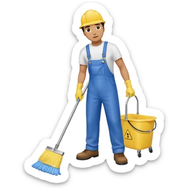Custodian with yellow rubber gloves, white T-shirt, blue overalls, mopping floor sticker