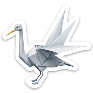 Cinematic Realistic Origami Crane Emoji, featuring a beautifully folded paper crane with crisp, delicate edges and intricate creases. The elegant structure casts soft shadows under warm, natural lighting, with a subtle texture of fine paper enhancing its serene and symbolic presence. sticker