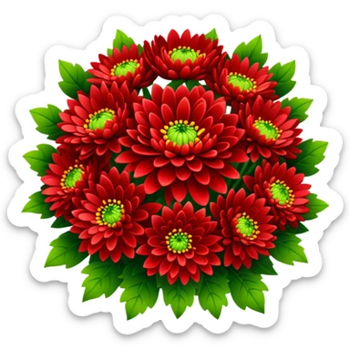 big bouquet Bright Red Chrysanthemum, luxuriant, leaf, bud sticker