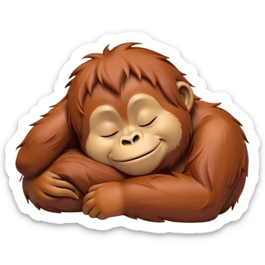 Meme-Worthy cute Sleeping Orangutan Portrait Emoji, Head resting peacefully with a contented smile, showcasing luxuriously soft fur and eyes gently closed in serene slumber, Simplified yet comically adorable features, highly detailed, glowing with a soft, drowsy jungle light, high shine, relaxed and utterly lovable, stylized with an air of playful laziness, bright and heartwarming, soft glowing outline, capturing the essence of a sleeping orangutan that feels destined to become the next viral icon of adorable rest! sticker
