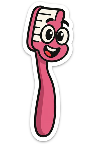 cute pink toothbrush with big eyes, playful expression, simple design, cartoon style, no background sticker