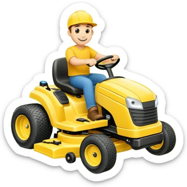 Lawn mowing character or mascot on a yellow zero turn ride on mower sticker