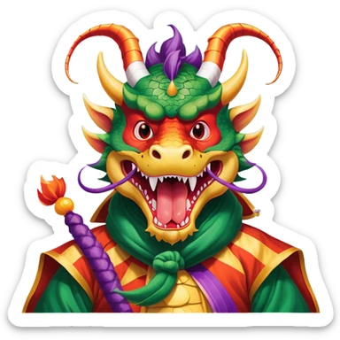 He is a Chinese dragon costume. His Chinese Dragon costume's head and face are red and his mouth is open with his tongue showing. His eyes are red and white vertical stripes and has horns behind the eyes. Under his chin is an orange party streamer. His nose puffs out actual smoke. His body and tail have red on the top, green at the bottom, dark green in the middle and a purple blanket below it. sticker