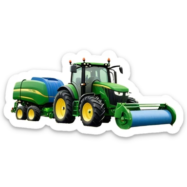 Baler – New Holland Roll-Belt 560 (2018) – Cinematic-realistic John Deere 6155M tractor towing a New Holland Roll-Belt 560 baler, its deep green body contrasting with the bright blue baler. The massive machine moves steadily through golden fields, compressing freshly cut hay into tight round bales, while dust swirls under the blazing afternoon sun. sticker