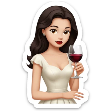 Beautiful woman in 1950’s woman fashion look, white dress, long hair, wine, dark brown hair sticker