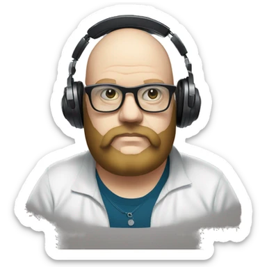 Fat white dj with a mobius beard behind turntables wearing glasses sticker