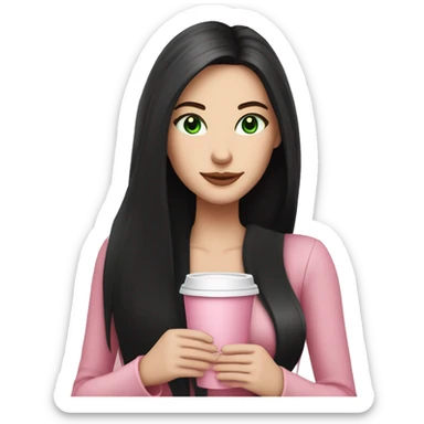 pretty woman with pale skin, very long black hair and green eyes and light pink outfit holding a pink coffee cup sticker