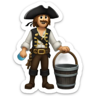 A pirate with an old wooden bucket in his hands. He is sending the water that is in the bucket away. sticker