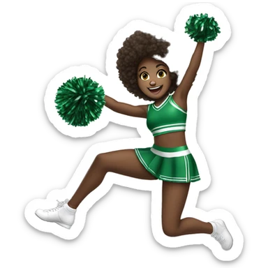 African-American girl, jumping up, happily holding two cheer pom-poms while wearing a green cheerleading outfit that reads pack in the center of the cheer uniform ￼ sticker