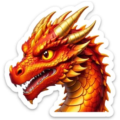 Cinematic Noble Fierce Fire Dragon Portrait Emoji, Poised and imposing, with a muscular, scaled body ablaze in fiery hues of crimson, molten orange, and molten gold, and intense, burning eyes that mirror the heart of a volcano; rendered with lifelike texture and dynamic natural highlights, high shine, formidable and intense, styled with an aura of scorching mythic power, focused and resolute, soft glowing outline, capturing the essence of a legendary inferno poised to ignite the screen with timeless ferocity! sticker