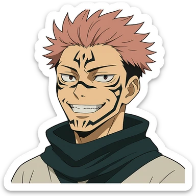 Sukuna, Yuji's alternate form, tattoos on face, sinister smile, anime style sticker