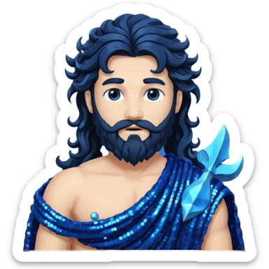 Neptune, God of Sea from Roman Deities with long jet black wavy hair and beard, dark blue sequin toga sticker