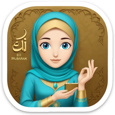 Turkish beautiful finish Konya girl blue eyes with gold hijab and islamic long tailed turquoise dress and had on her hand text Eid Mubarak  sticker