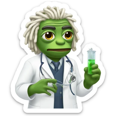 Pepe meme  with dreads wearing doctors clothes and conducting experiments sticker