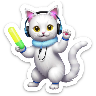cat dancing with headphones, glow sticks, college party atmosphere sticker