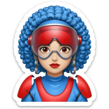 blue curly girl with huge earrings wearing red paintball helmet with eye protection, only face  sticker