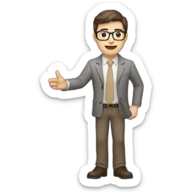 To belt Actively gesturing with hands Pale skinned fit man teacher with dark brown hair in gray jacket, beige office shirt, brown tie, brown pants and vintage glasses. sticker