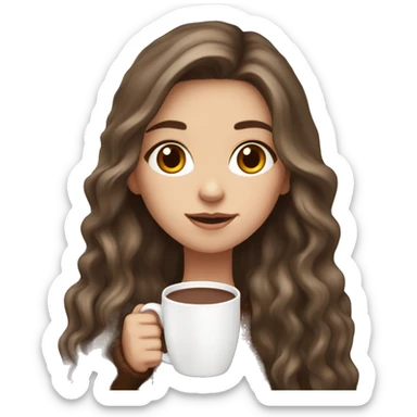 white girl with brown long hair and a hot chocolate sticker