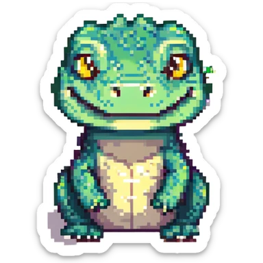 pixel art crocodile, chibi proportions, cute face, bright green sticker