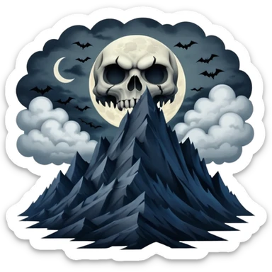 A dark and evil mountain range with a creepy moon and clouds over head. In the style of your bleeding skull art sticker