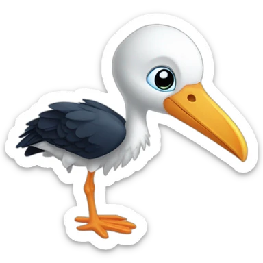  A stork is carrying a blue bundle of cloth in its beak that has a cute white skinned baby face peeking out from it with black head sticker
