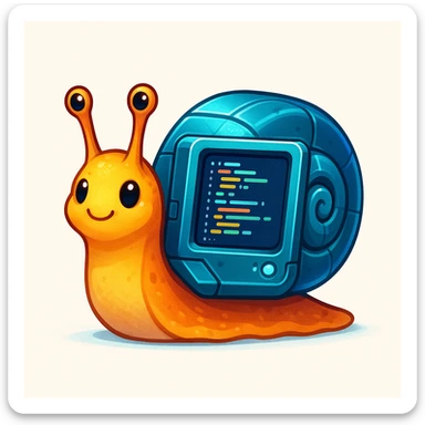 a cute snail with a shell shaped like a computer, working on code, digital art sticker