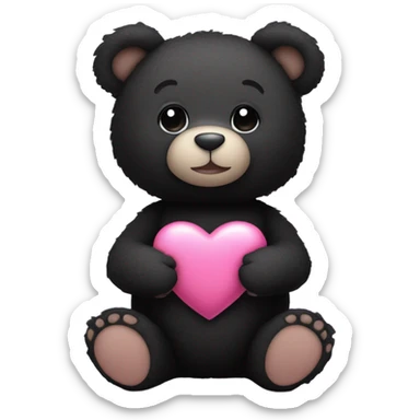 black teddy bear holding a pink heart with an A on it sticker
