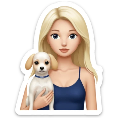 Victoria’s Secret model with long light blonde straight balayage hair, dark blue almond and small eyes, oval face, small lips, skinny long waist, firm legs, White Spaghetti top. In her arm she holds a with a White belgian dog  sticker