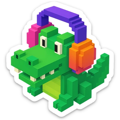 voxel style crocodile with colorful headphones, isometric view sticker