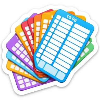 Create blank lottery coupons fanned out, clean and colorful, with different header colors and simple grid sections. No numbers, no text sticker