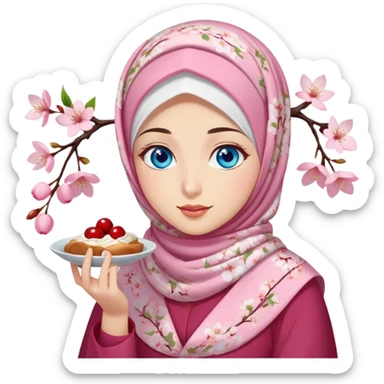 Turkish beautiful finish Konya girl blue eyes with cherry blossom floral hijab islamic dress and she’s savouring delicious food face sticker