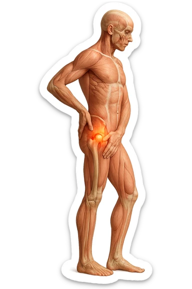 CORPO UMANO ANATOMICO DI PROFILO A FIGURA INTERA REALISTICO CHE SI TOCCA L'ANCA INFIAMMATA, DOLORE ALL'ANCA, IPERREALISTICO 4K sticker