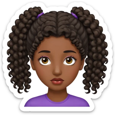 emoji sucking its lips in with one eyebrow up and the other one down dark skin and curly hair in one ponytail with eyelashes up to her hair sticker