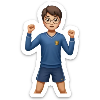 Harry Potter is in sports clothes doing morning exercises, he is in the field before his magic school sticker