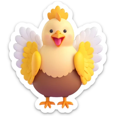 cute hen with fluffy feathers, wings spread, smiling, yellow and white sticker